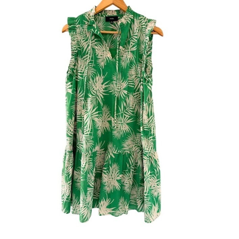 Maia Tropical Palm Print Tiered Mini Dress Womens 8 Green White Ruffle